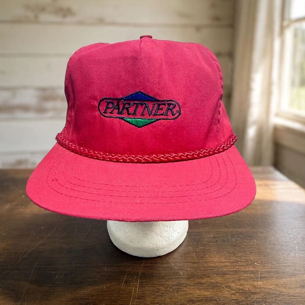 Vintage Partner Rope Trucker Hat Red Embroidered Leather Strap Sportcap Farm